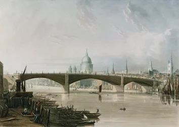 Southwark Iron Bridge, set fra Bankside, indgraveret af Thomas Sutherland (f.1785), pub. 1819 af Ackermann